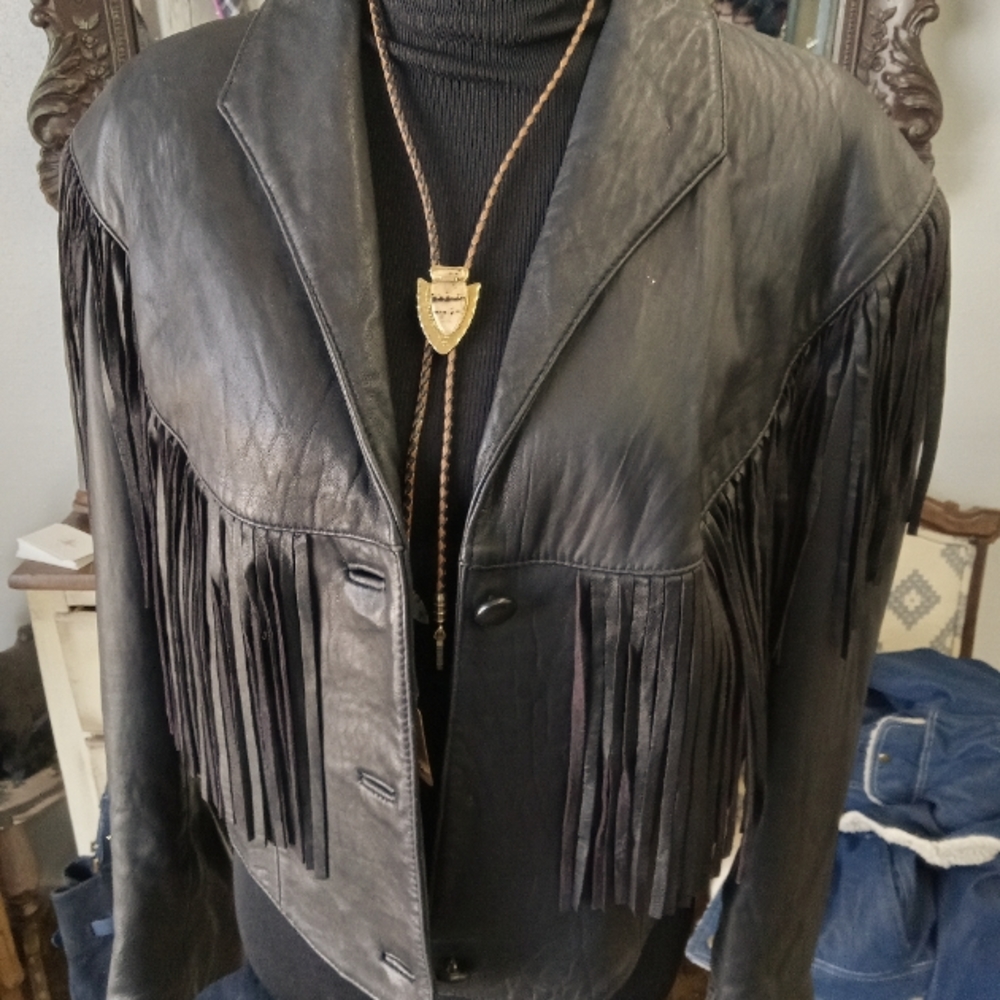 Vintage leather fringe jacket sz 14